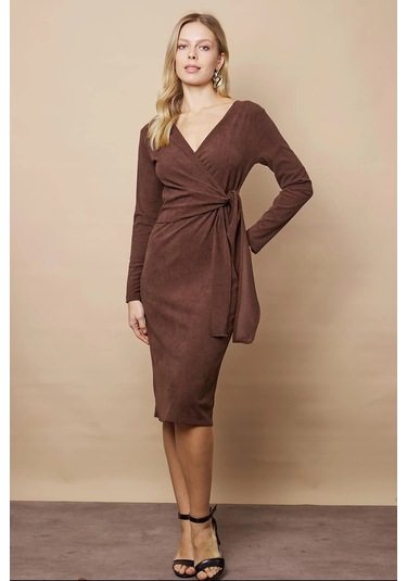 Kadın Kadife Kumaş Kruvaze Anvelop Bağcıklı Uzun Kol Diz Altı Elbise-kahve Kahve
