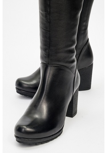 Kadın Yüksek Topuklu Fermuarlı Çizme Gerçek Deri Br 08012 Siyah Null Siyah