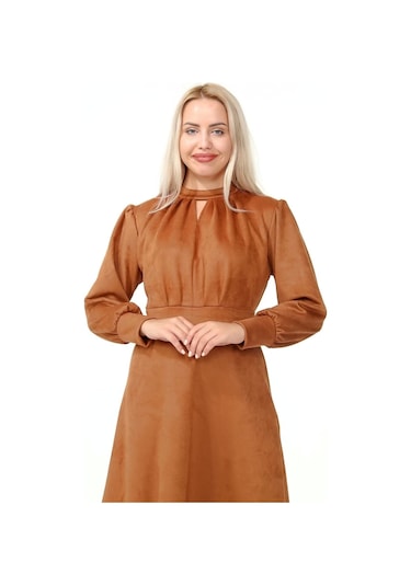 Kadın Süet Hakim Yaka Pile Detaylı Büzgülü Uzun Kol Midi Boy Kloş Kışlık Elbise 4412/110 Taba