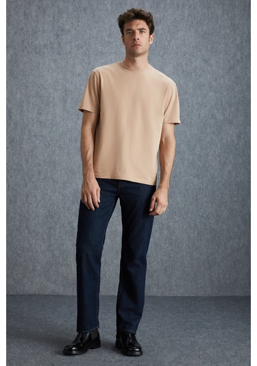 Solo Erkek %100 Organik Pamuklu Kalın Dokulu Comfort Fit Bisiklet Yakalı Bej T-shirt