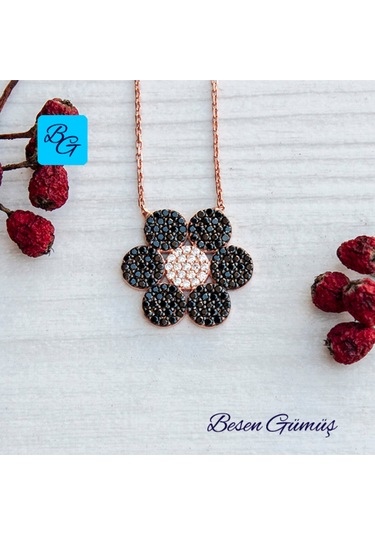 Oniks Zirkon Taşlı Rose Çiçek Kolye Rose - Gold -  Gümüş