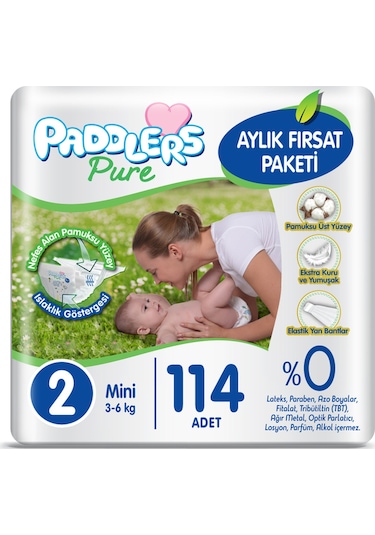 Paddlers Pure Bebek Bezi 2 Numara Mini 114 Adet (3-6 Kg) Aylık Fırsat Paketi