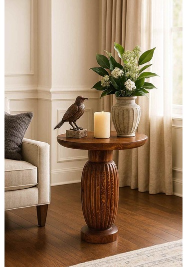 Doğal Masif Ahşap Tekli Yan Sehpa Meşe Renk Modern Mantar Sehpa Meşe