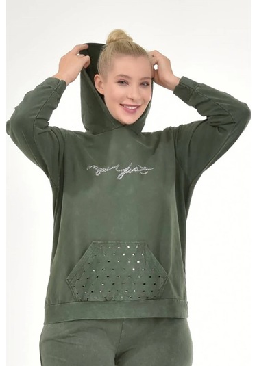 Kadın Büyük Beden İtalyan Yıkama Haki Kapşonlu Sweatshirt Haki