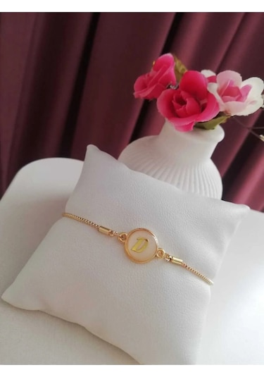 Altın Sedef Ayarlanabilir Kadın Gold Asansörlü E Harf Bileklik Renkli