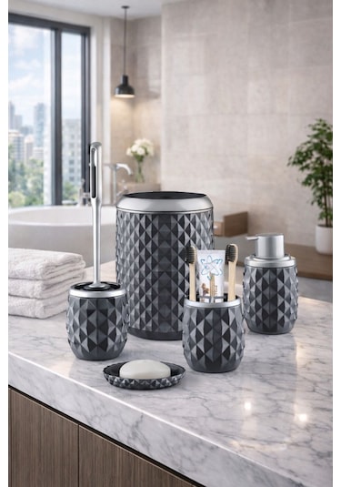 Decorev Geometrik Desenli Gri Banyo Aksesuar Seti – 5 Parça