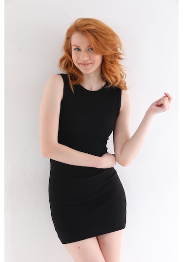 Kallima Siyah Kolsuz Diz Üstü Mini Fitilli Esnek Kalem Elbise Siyah