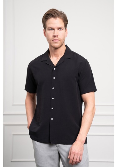 Erkek Siyah Apaş Yaka Kısa Kol Gömlek 25ys004008001 Siyah Siyah