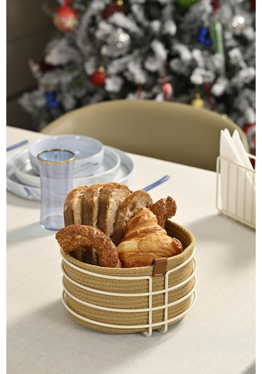 Bej Yuvarlak Ekmek Sepeti Şık,ekmeklik Kahve Hasır Örmeli Makrome-çok Amaçlı Metal Paslanmaz Beyaz