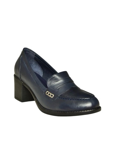 Fox Shoes V468707503 Lacivert Hakiki Deri Kalın Topuklu Kadın Ayakkabı Lacivert