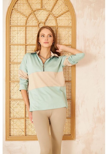 Kadın Uzun Kol Fermuarlı Polo Yaka Color Block Basic Salaş Sweatshirt Bluz 3471210 Mint