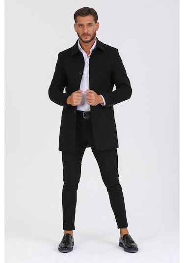 Erkek Siyah Dar Kesim Yün Karışımlı Kaşe Gömlek Yaka Palto Kaban-Siyah