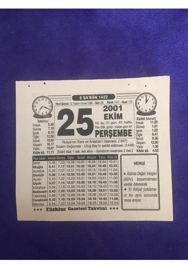 25 Ekim 2001 Takvim Yaprağı - Nostalji Koleksiyonluk Takvim Yaprağı B