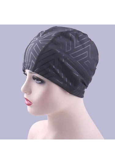 Siyah Geometrik Baskı Daralan Trim Rahat Unisex Yüzme Şapkası Yetişkin Kulak Koruyucu Yüzme Havuzu Şapka Yüzme Aksesuarları Siyah