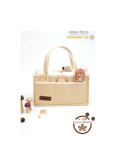 Mordesign Kalın Keçe Anne Bebek Bakım Çantası, Organizer, Çok Gözlü Düzenleyici, Gingham Serisi, Kapiçino Kapiçino 1000 Kahverengi