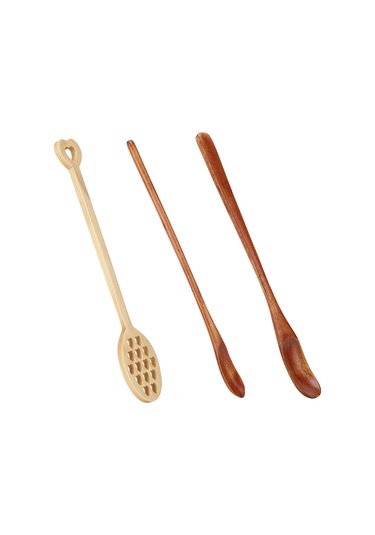 Kangvka Doğal Ahşap 3'lü Kahve, Süt, Bal Karıştırıcı Kaşık Seti - Çeşitli Şekiller, Dayanıklı, Ev Kullanıma Uygun Diğer