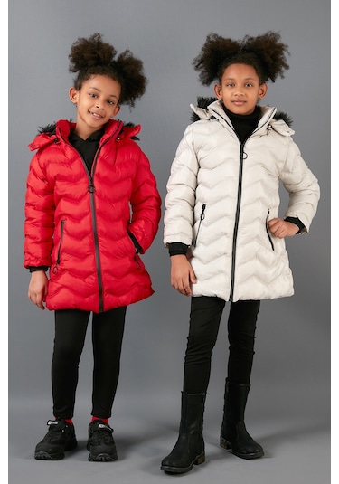 Lela  Peluş Astarlı Yakası Suni Kürklü Çıkarılabilir Kapüşonlu Kışlık Kız Çocuk Mont 5766041 Kırmızı