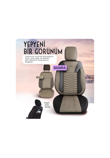 Panda Paris Serisi Pike Kumaş Oto Koltuk Kılıfı Tam Set Bej - Siyah
