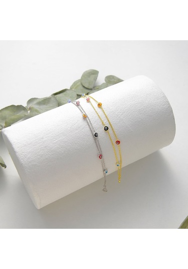 925 Ayar Gümüş 2 Sıra Zincirli Karışık Renk Göz Bileklik Altın