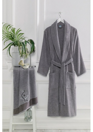 Havlulu Bornoz 2'li Set %100 Pamuk Mavi