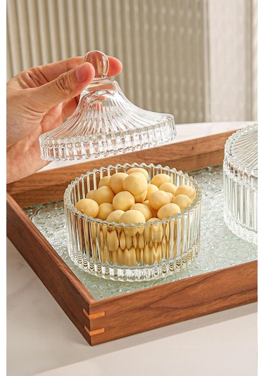 Çizgili Cam Şekerlik Beyaz