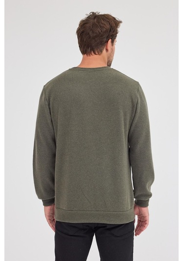 Erkek Haki Standart Fit Normal Kesim Pamuklu Basic Bisiklet Yaka Sweatshirt Haki