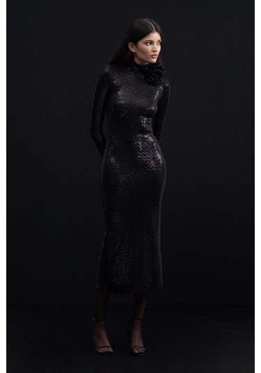 Mathilda Store Kadın Siyah Tasarım Payet Midi Elbise