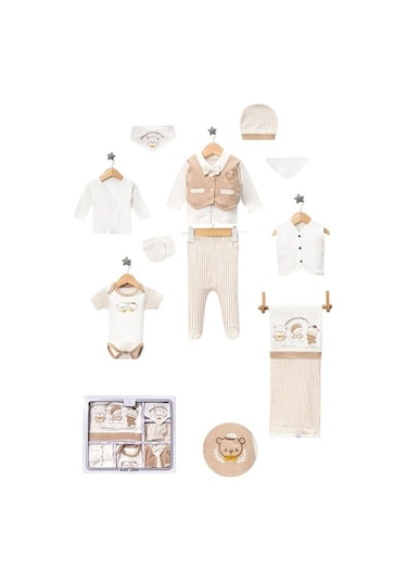 Yelekli Papyonlu 10 Lu Hastane Çıkış Seti Bej