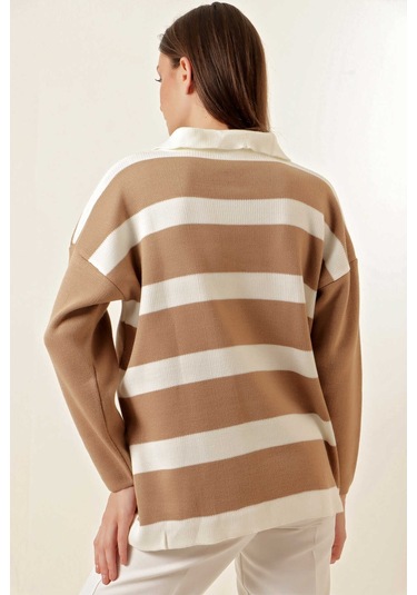 Gabria Fermuarlı Çizgili Kazak Kahve