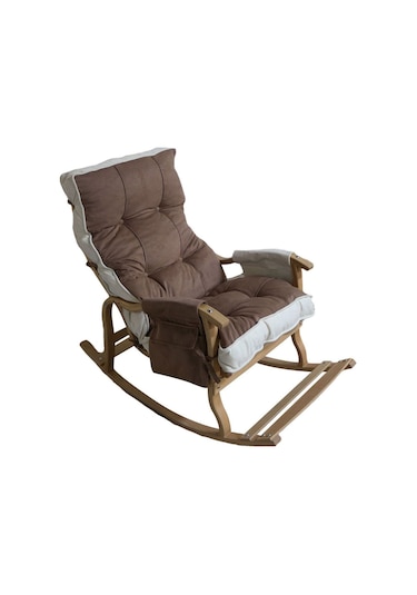 Enda Home Mosso Çift Minderli Ahşap Sallanan Sandalye Tv Baba Koltuğu Dinlenme Koltuğu Kahve - Krem