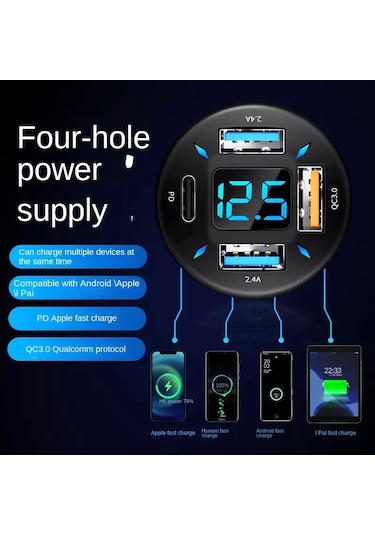 4'ü 1 Arada Usb 66w Dijital Ekranlı Araba Süper Hızlı Şarj Cihazı