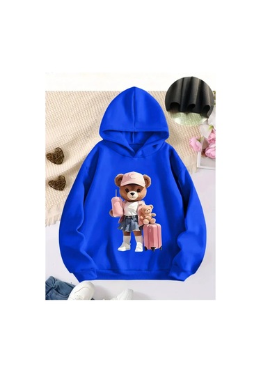 Nefes Alabilen Örme Kumaş, Karikatür Ayı & Kalp Baskılı Bol Kesim Mavi