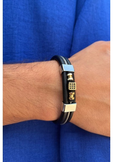 Zirkon Taşlı El İşçiliği İle Üretilmiş Hakiki Deri Erkek Bileklik Siyah - Altın
