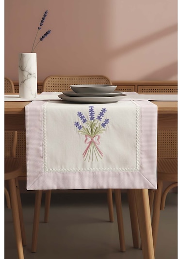 Lavanta İşlemeli Buldan Kumaş Runner 50x130 Cm Krem