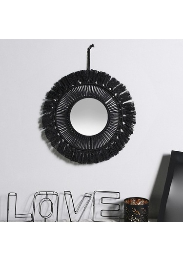 Pazly Yuvarlak Suntek Saçak Püskül-24cm Makrome Magideal Boho Ayna Asılı Jw Siyah