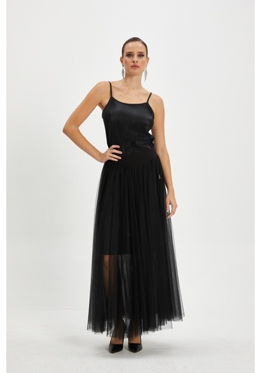 Tül Katmanlı Uzun Şifon Etek Siyah
