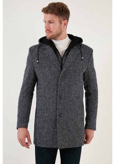 Buratti Çıkarılabilir Kapüşonlu Kırçıllı Slim Fit Kaşe Erkek Kaban 5841013 Lacivert Noktalı