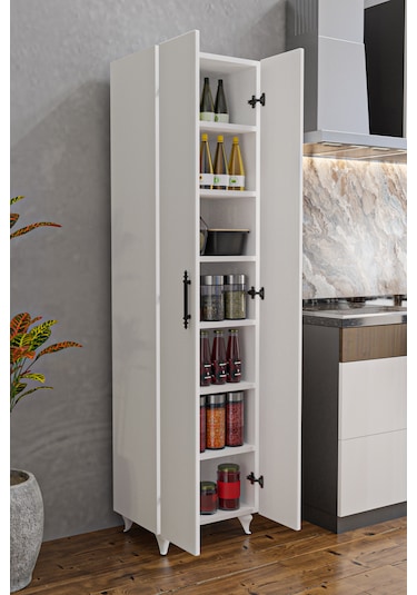 Ae-3085 Selen Çok Amaçlı Beyaz Dolap 7 Raflı, 2 Kapaklı Mutfak