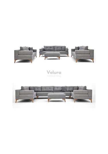 Zeri 3+3+3 Yataklı Puzzle Modüler U Köşe Koltuk Takımı & Puflu Köşe Takımı - Gri 104 Gri