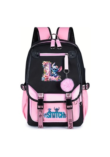 Honeybeeshop L Dısney Stitch Büyük Kapasiteli Sırt Çantası Pembe Siyah İki Tonlu Ayarlanabilir Askılıklar Polyester Okul Seyahat Günlük Kullanım L