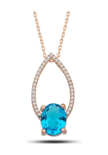 Gumush Gümüş Rose Turkuaz Oval Taşlı Kadın Kolye