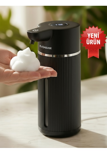 Evo House Otomatik Sensörlü Köpük Sıvı Sabunluk - Şarjlı- Dijital Led Ekran - Duvara Monte - E15 Model Siyah