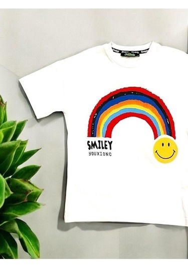 Erkek Çocuk Gülen Yüz Baskılı Tshirt-14166 Beyaz