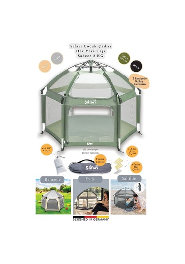 Kiwi Safari Çocuk-bebek Oyun Parkı Çadırı +50 Uv Korumalı,kolay Kurulum,alüminyum Sağlam Gövde - Yeşil