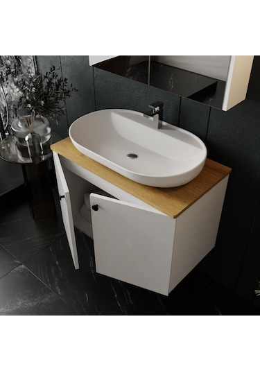 Karen Banyo Mimoza 80 Cm Tezgahlı, Aynalı Banyo Dolabı Seti, Seramik Lavabo Dahil, Beyaz, Mdf Beyaz