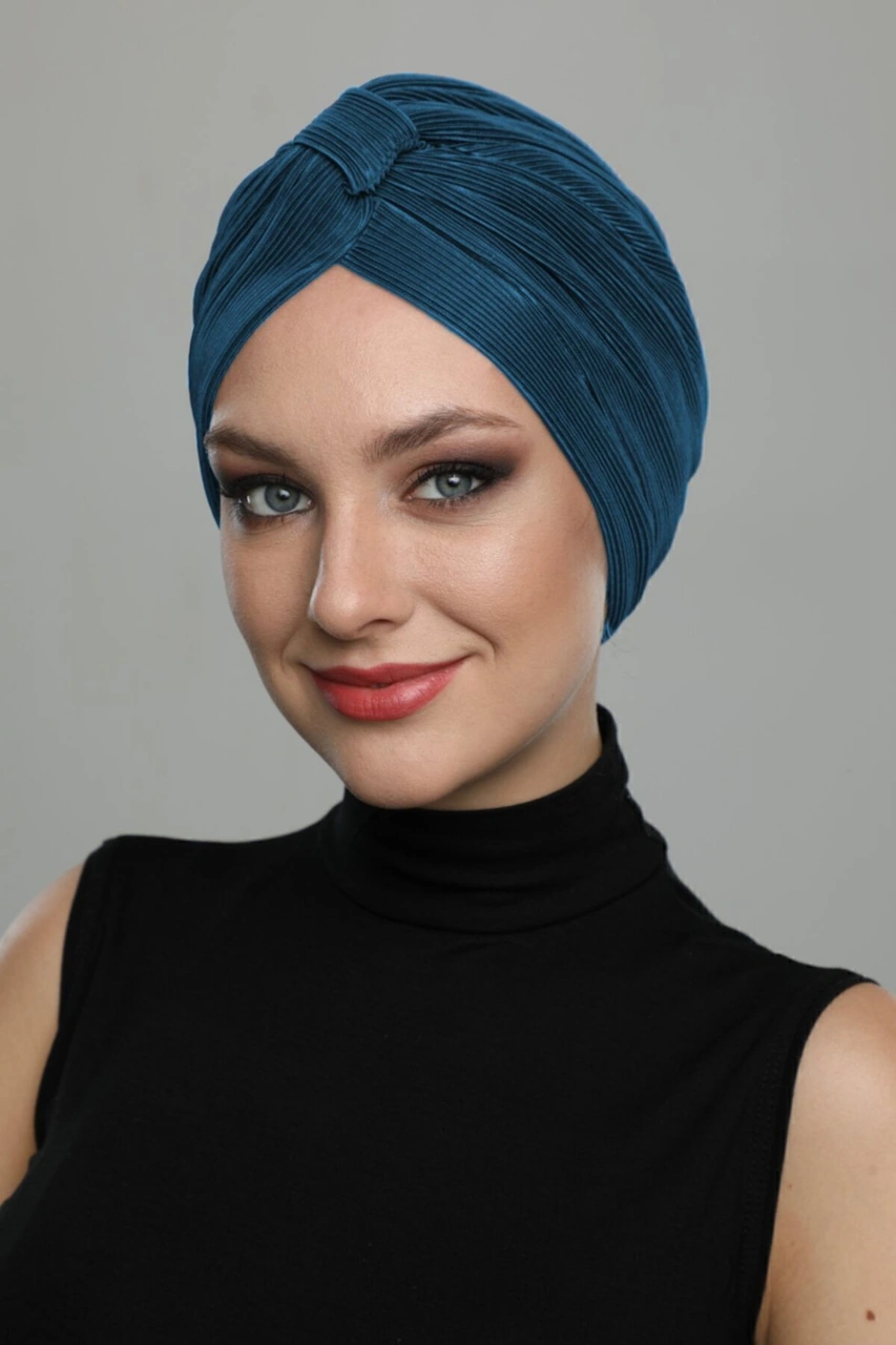 Çapraz Plise Bantlı Astarlı Petrol Hazır Türban Tesettür Havuz Bonesi Petrol