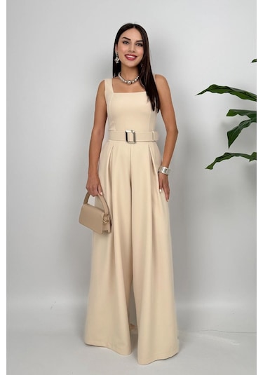 Noir Flow Kadın Taş Kemerli Askılı Bol Paça Tulum Zarif Şıklık Taş