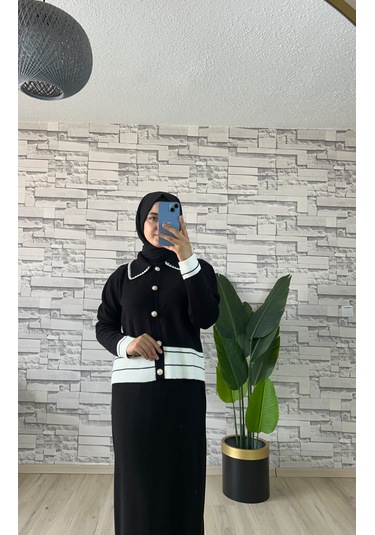 İnci Düğme Detaylı Triko İkili Takım Siyah Beyaz Siyah - Beyaz