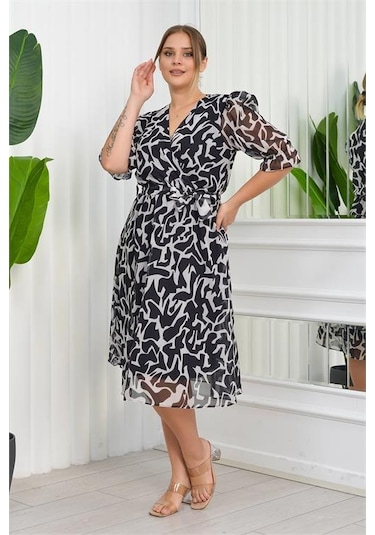 Dip Moda Kadın Büyük Beden Desenli Şifon Elbise Dpnb8063 - Siyah Siyah