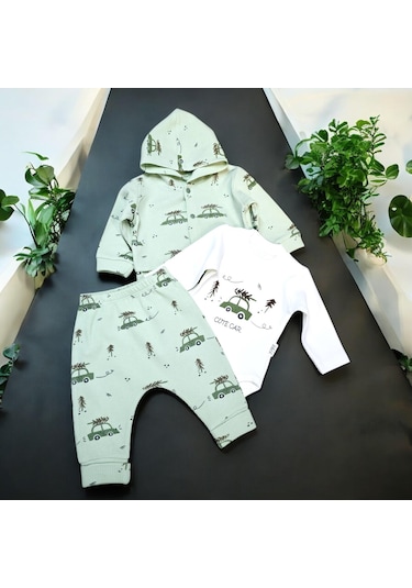 Araba Desenli Hırkalı Erkek Bebek Takım Su Yeşili
